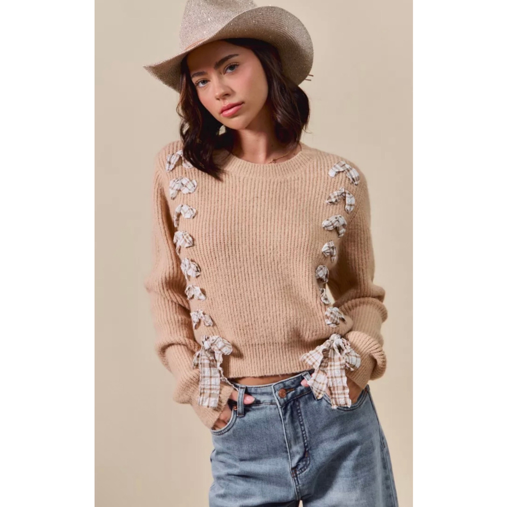 Women's So Me Beige Ribbed Sweater with Plaid Bows M - Picture 2 of 6